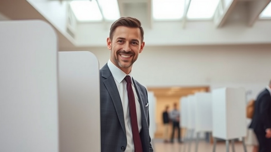 Man casting vote in NYC election, smiling confidently.