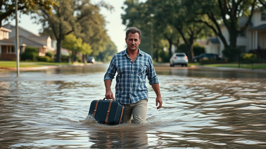 Man wades through flood from Typhoon Kalmaegi, carrying suitcase.