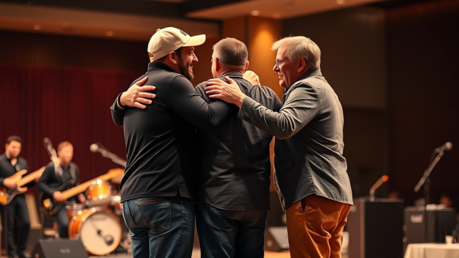 Men on stage embracing in warm lighting, TED2026 discussion.