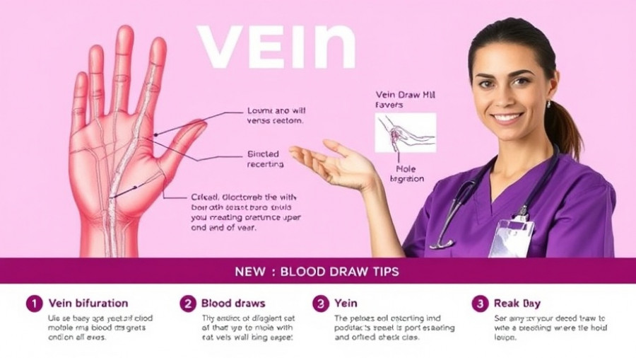 1 Inch Rule for Venipuncture tips, vein bifurcation poster with nurse illustration.