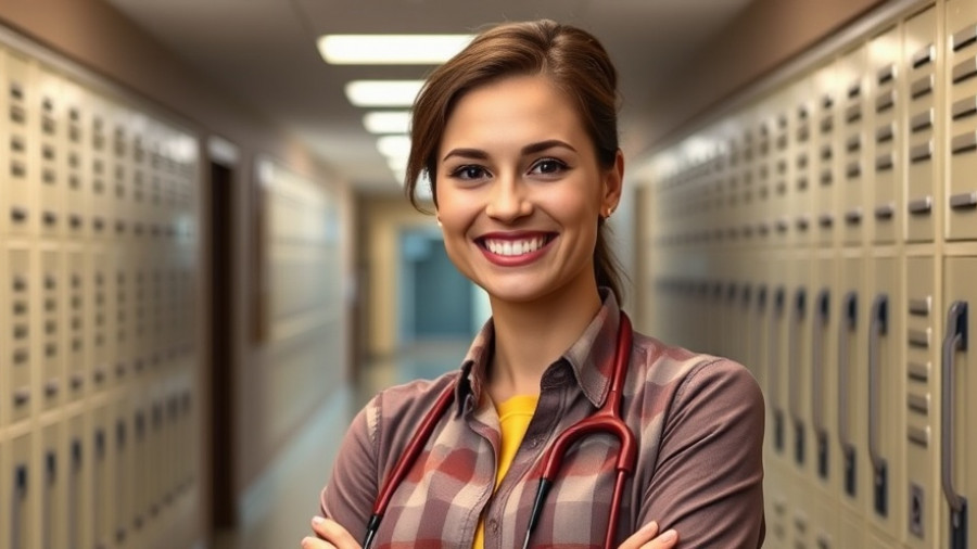 Teacher advocating against gun violence in school hallway.