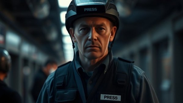 Middle-aged journalist in PRESS gear reporting from conflict zones.