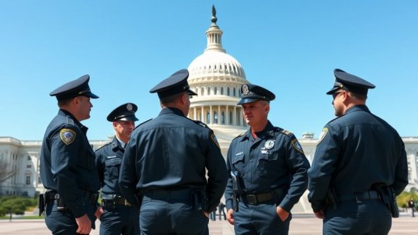 US Capitol with security officials discussing government shutdown impacts.