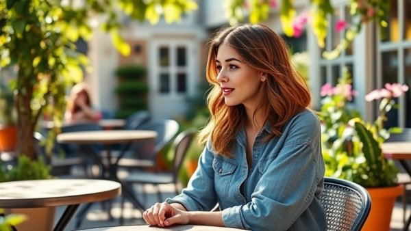 Woman at garden cafe table talking, AI Africa film makers and developers setting.