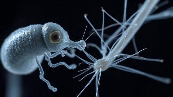 Close-up of microbe vs. hair size difference under a microscope.