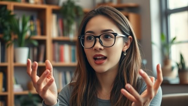 Young woman discussing Leonardo da Vinci's DNA influence surrounded by books.