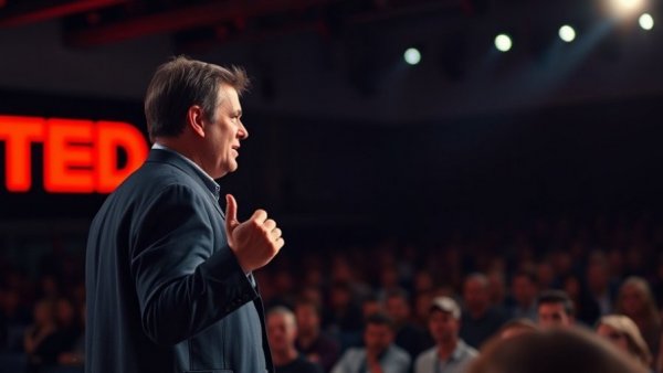 Confident speaker discusses 'How AI is Transforming Sports Scouting' at TED Talk.