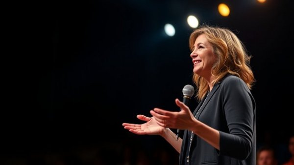 Confident woman on stage discussing virtual togetherness.