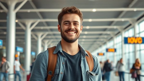 Traveler stands smiling in a busy airport amid US airlines cancellations.