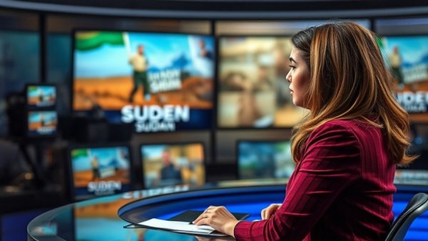 Young woman discusses Sudan war conflict updates in a newsroom.