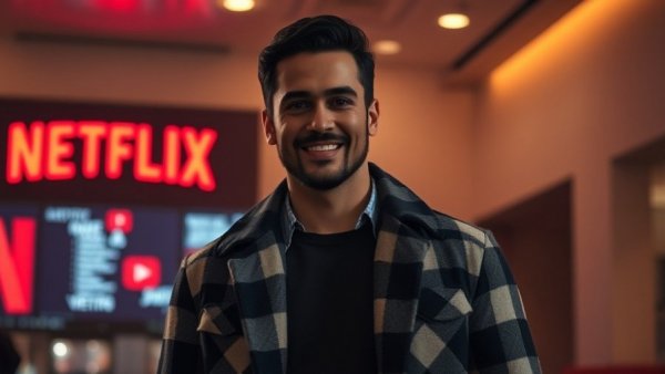 Mo Amer comedy, man in checkered jacket standing confidently.