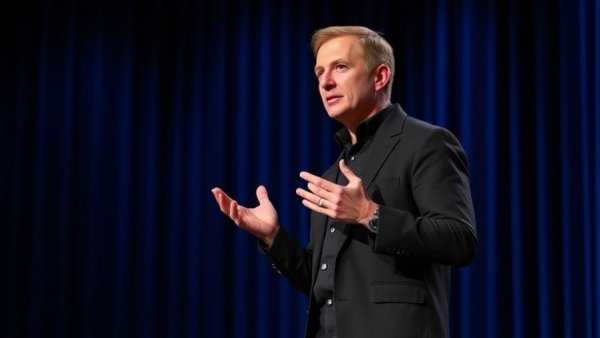 Confident speaker presenting on stage with blue-striped background.