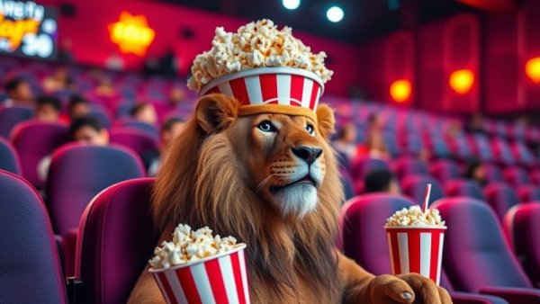 AI-powered creativity in a cinematic transformation with popcorn and cinema scenes.