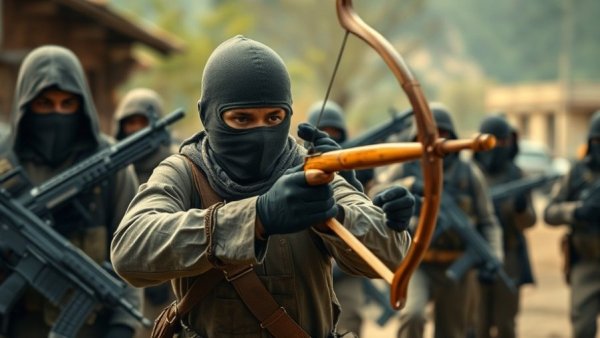 Masked individual with a slingshot amid tensions, emphasizing conflict.