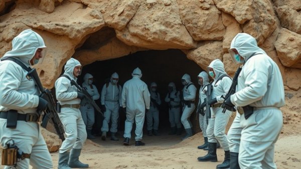 Inspection of cave in desert, security presence during Gaza ceasefire.