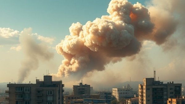 Smoke plume over city buildings during Middle East conflict, Israel inching towards another regional war.