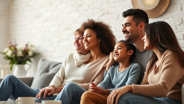 Comfortable family in stylish room related to real estate investments in unique homes.