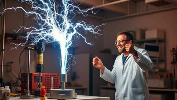 Scientist with Van de Graaff generator demonstrates static electricity.