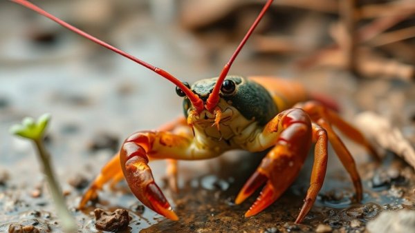 Calico crayfish raising claws, photorealistic riverbank scene.