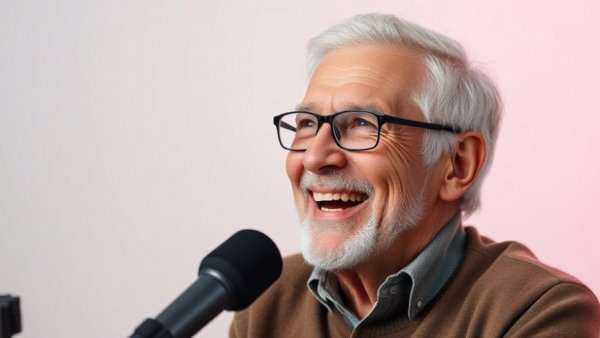 Older person podcasting, discussing how to step into leadership positions.