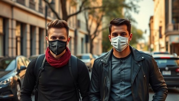 Masked individuals and a person walking in a Spanish street, Spain housing crisis evictions.
