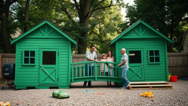 Family in wooded backyard with playhouses, showcasing Tennessee real estate.