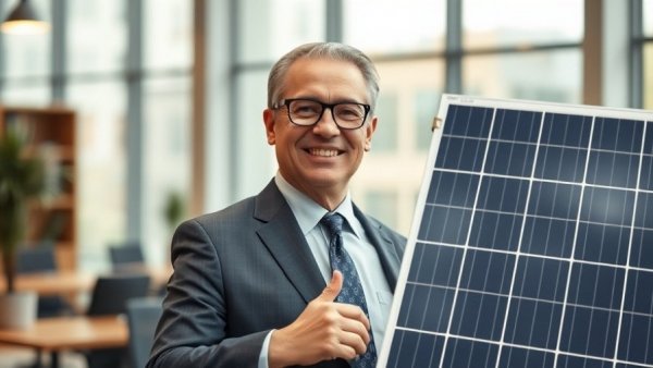 Businessman with solar panel representing lithium battery clean energy solutions.