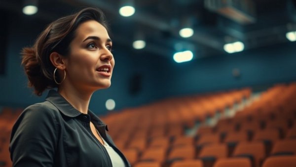 Energetic woman speaking in an auditorium, AI Africa film makers and developers setting.