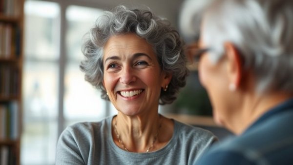 Middle-aged woman smiling and talking to strengthen your relationships.