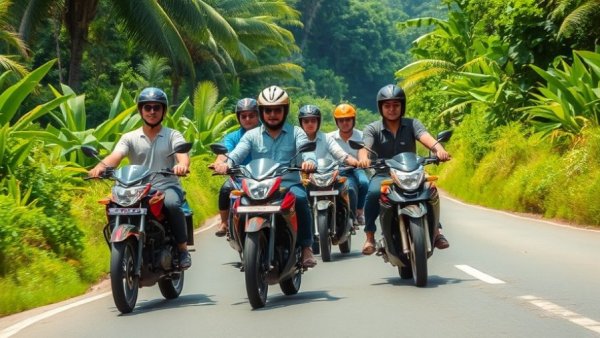 Indonesia's green Islam motorcyclists in lush scenery.