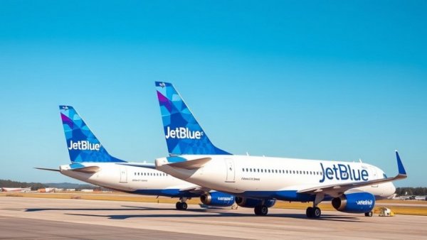 Vibrant JetBlue airplane tails showcasing designs under clear sky.