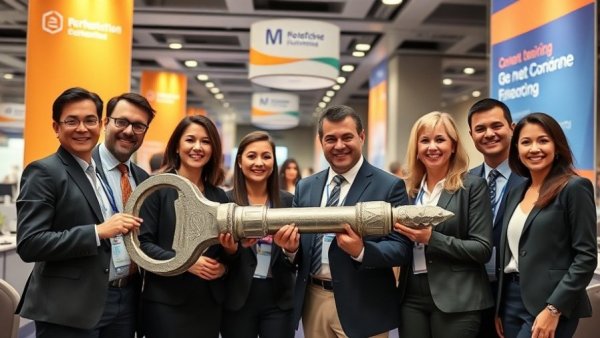 Professionals at Nigeria Housing Fund event holding sign, conference setting.