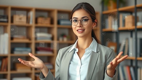 Young woman explaining AI agents for reliability in film, with text boxes.