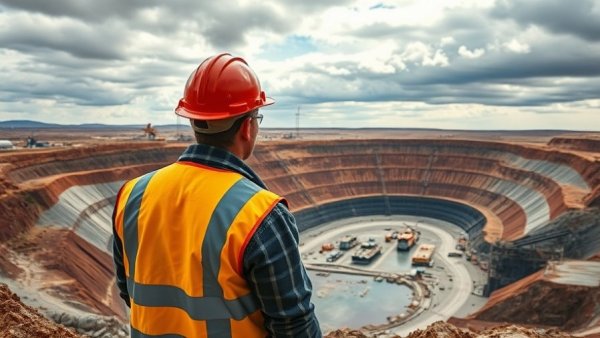 Industrial lithium mining site in Europe with a worker in safety gear.