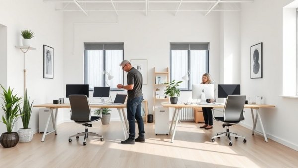 Office move in day, two people setting up in a modern office.