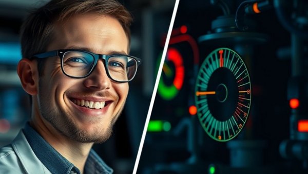 AI-powered protein design concept with smiling man and lab equipment.