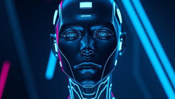 Futuristic digital human with neon glow in a cinematic render, AI-powered.