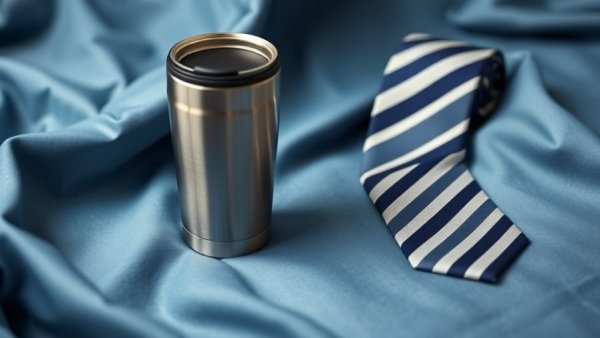 Elegant travel mug and tie gift ideas for men on blue background.