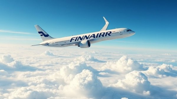 Finnair airplane flying over clouds, capturing expansion of U.S. routes.