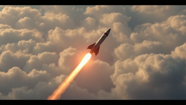Rocket descent with fiery trail against cloudy sky.