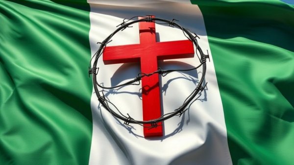 Nigerian Christian genocide allegations concept on flag with cross and barbed wire.