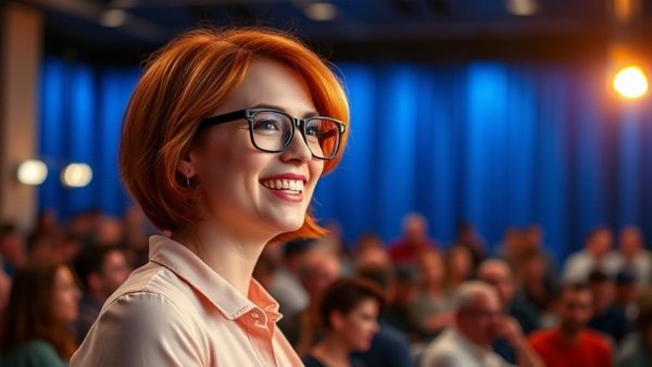 Effective meetings and emails topic by a confident speaker at a conference.