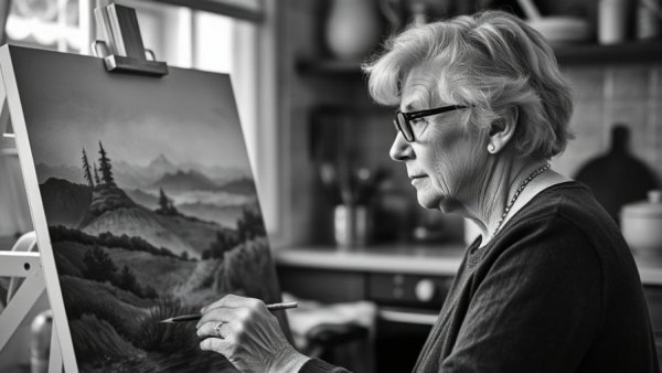 Mature artist painting in a kitchen, embodying artistic legacy.