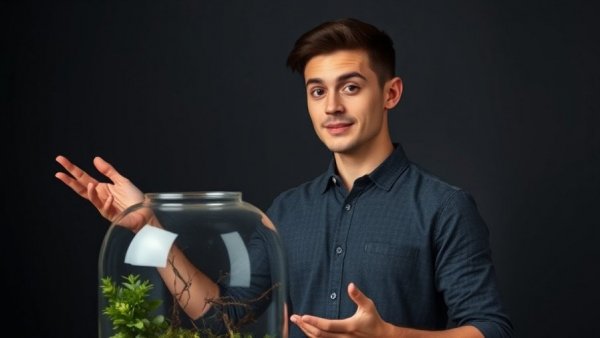 Young man explaining chameleon's tongue technology with habitat display.