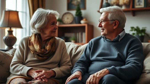 Older couple discussing how to deal with external stress in a relationship in a cozy living room.