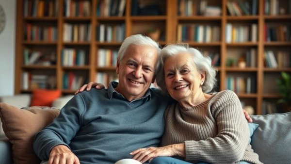 Elderly couple smiling in cozy living room, discussing healthy fighting in relationships.