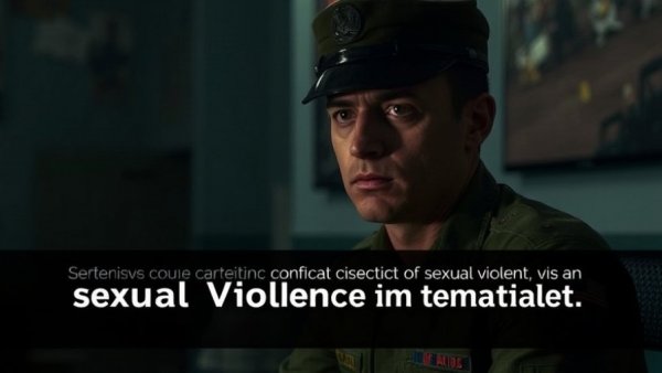 Discussion of sexual violence against men in conflict zones; soldier in thoughtful pose.