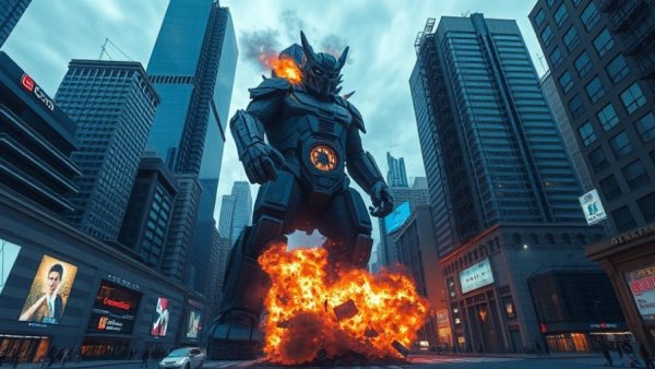 Giantess towering in cityscape, generating destruction, cinematic.