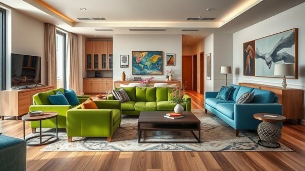 Modern living room with vibrant green and blue sofas, showcasing renovation.
