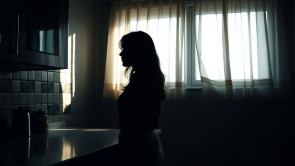 Silhouetted woman in sunlit kitchen during G20 Women's Shutdown.
